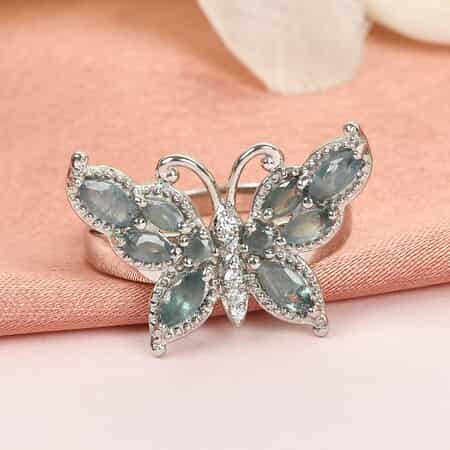 Narsipatnam Alexandrite and Natural White Zircon Butterfly Ring in Platinum Over Sterling Silver (Size 7.0) 1.10 ctw image number 1