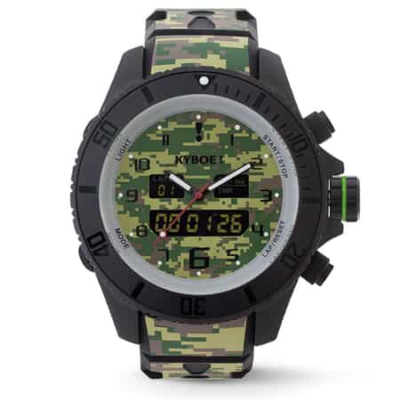 KYBOE! Hybrid Digital Woodland Camo Japanese Movement 48mm Watch in ION Plated Black Stainless Steel with Green Camouflage Silicone Band image number 0