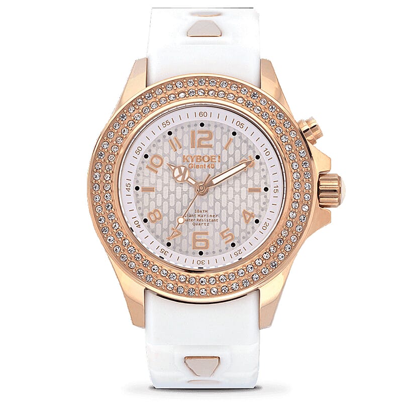 KYBOE! Radiant Japanese Movement Watch White Crystal in ION Plated RG Stainless Steel with White Silicone Band (40mm)