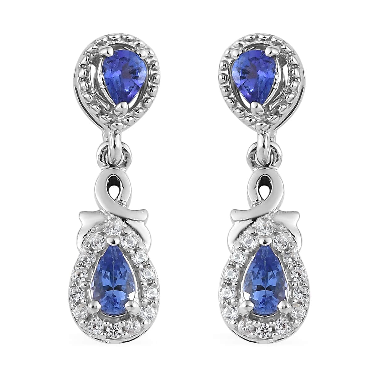AAA Tanzanite and Natural White Zircon Dangle Earrings in Platinum Over Sterling Silver 1.10 ctw image number 0