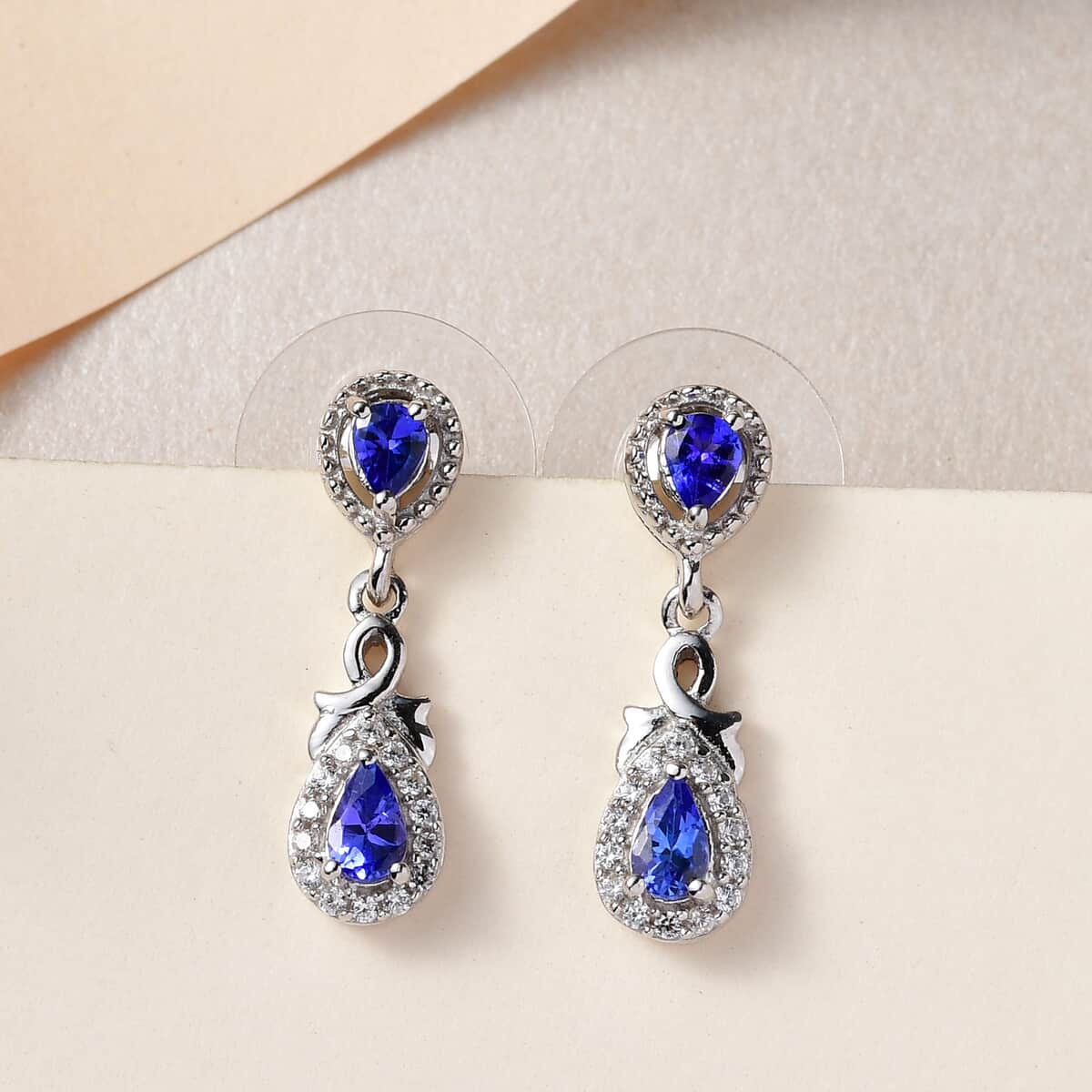 AAA Tanzanite and Natural White Zircon Dangle Earrings in Platinum Over Sterling Silver 1.10 ctw image number 1