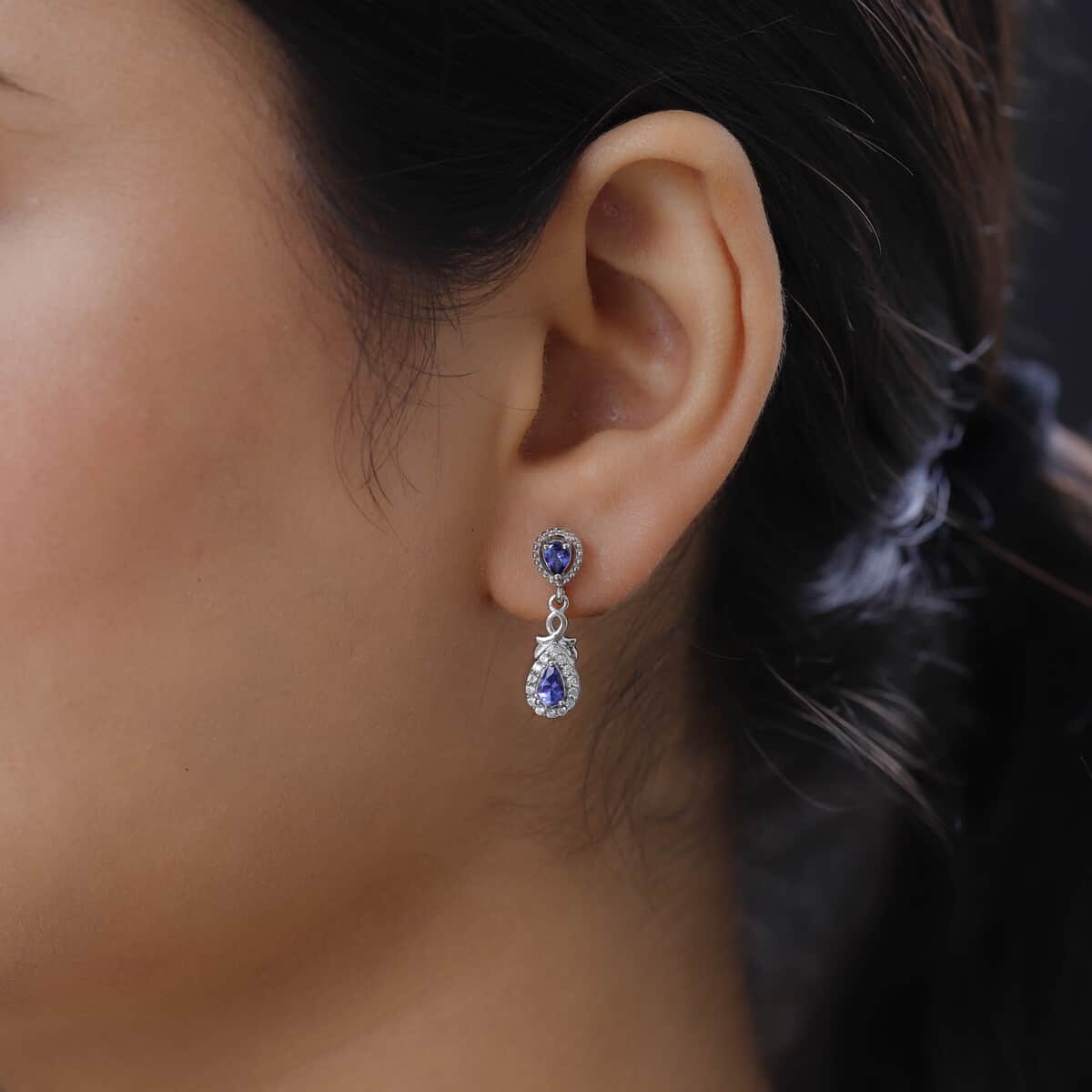 AAA Tanzanite and Natural White Zircon Dangle Earrings in Platinum Over Sterling Silver 1.10 ctw image number 2