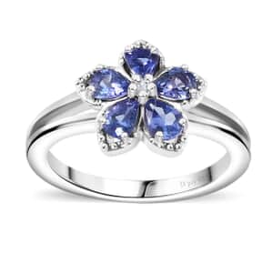 AAA Tanzanite and White Zircon Floral Ring in Platinum Over Sterling Silver (Size 10.0) 0.75 ctw