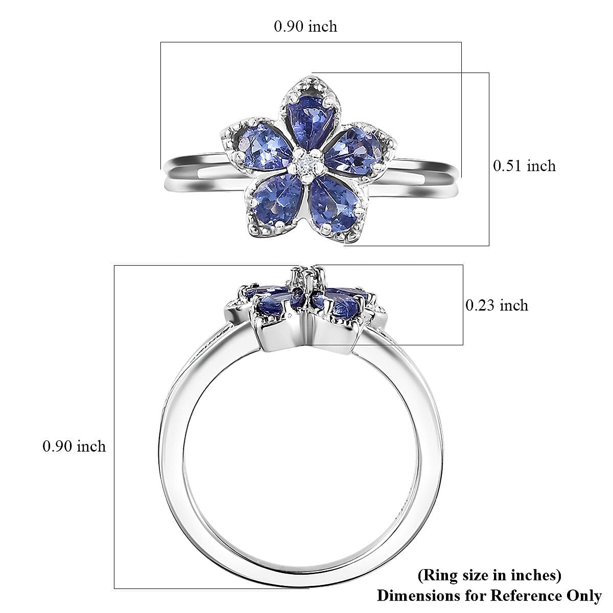 D'Joy AAA Tanzanite and White Zircon Floral Ring in Platinum Over Sterling Silver (Size 10.0) 0.75 ctw