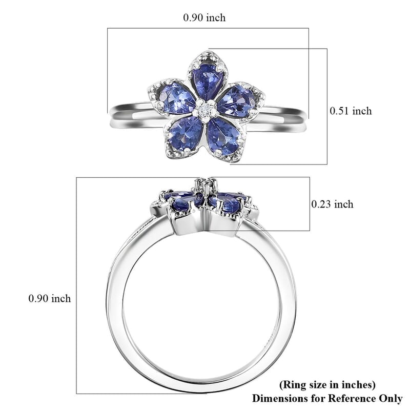 D'Joy AAA Tanzanite and White Zircon Floral Ring in Platinum Over Sterling Silver (Size 10.0) 0.75 ctw