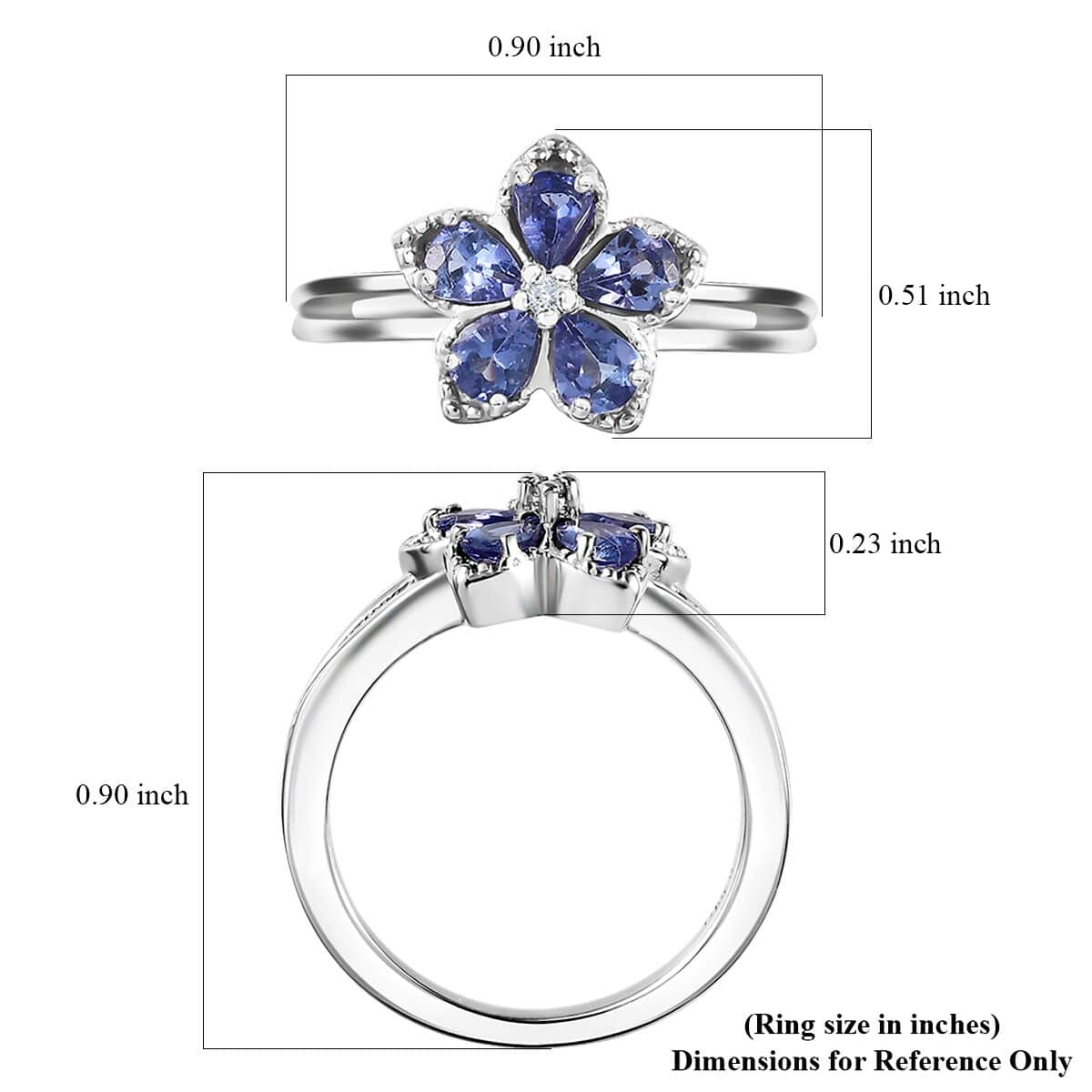 AAA Tanzanite and White Zircon Floral Ring in Platinum Over Sterling Silver (Size 6.0) 0.75 ctw image number 5