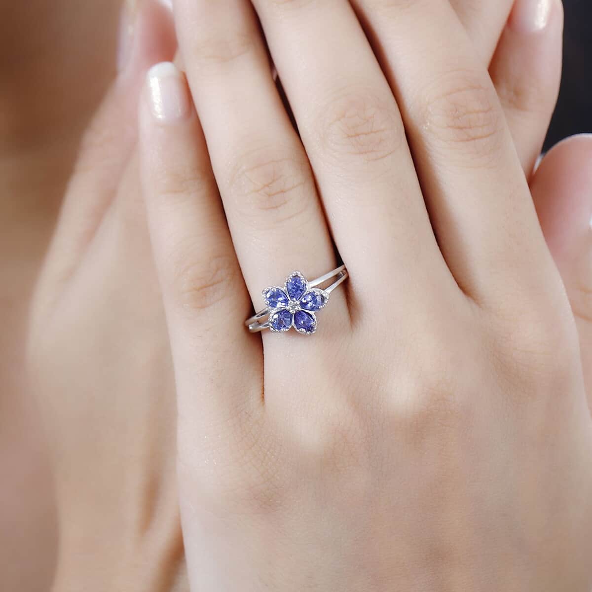 AAA Tanzanite and White Zircon Floral Ring in Platinum Over Sterling Silver (Size 8.0) 0.75 ctw image number 2