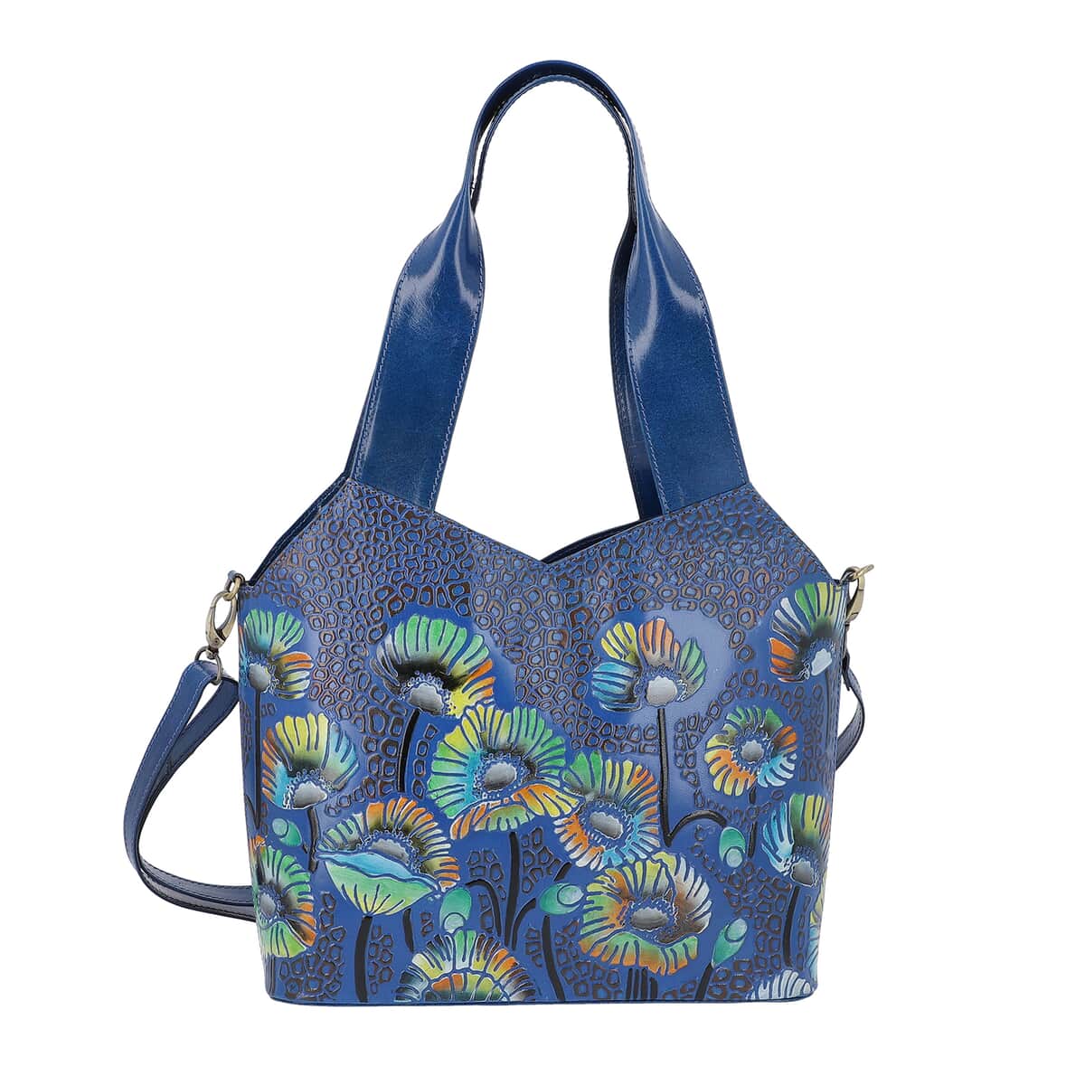 Vivid By SUKRITI Blue 100% Genuine Leather Hand Painted Poppy Flower Shoulder Bag with Detachable Strap image number 0