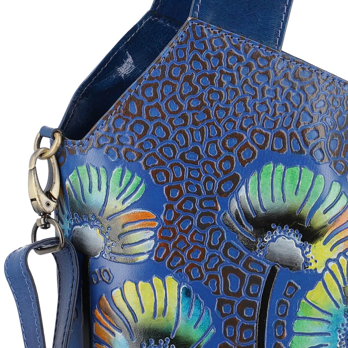 Vivid By SUKRITI Blue 100% Genuine Leather Hand Painted Poppy Flower Shoulder Bag with Detachable Strap image number 5
