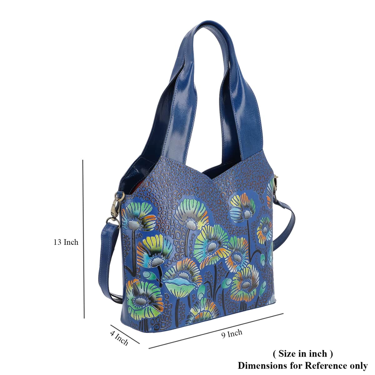 Vivid By SUKRITI Blue 100% Genuine Leather Hand Painted Poppy Flower Shoulder Bag with Detachable Strap image number 6