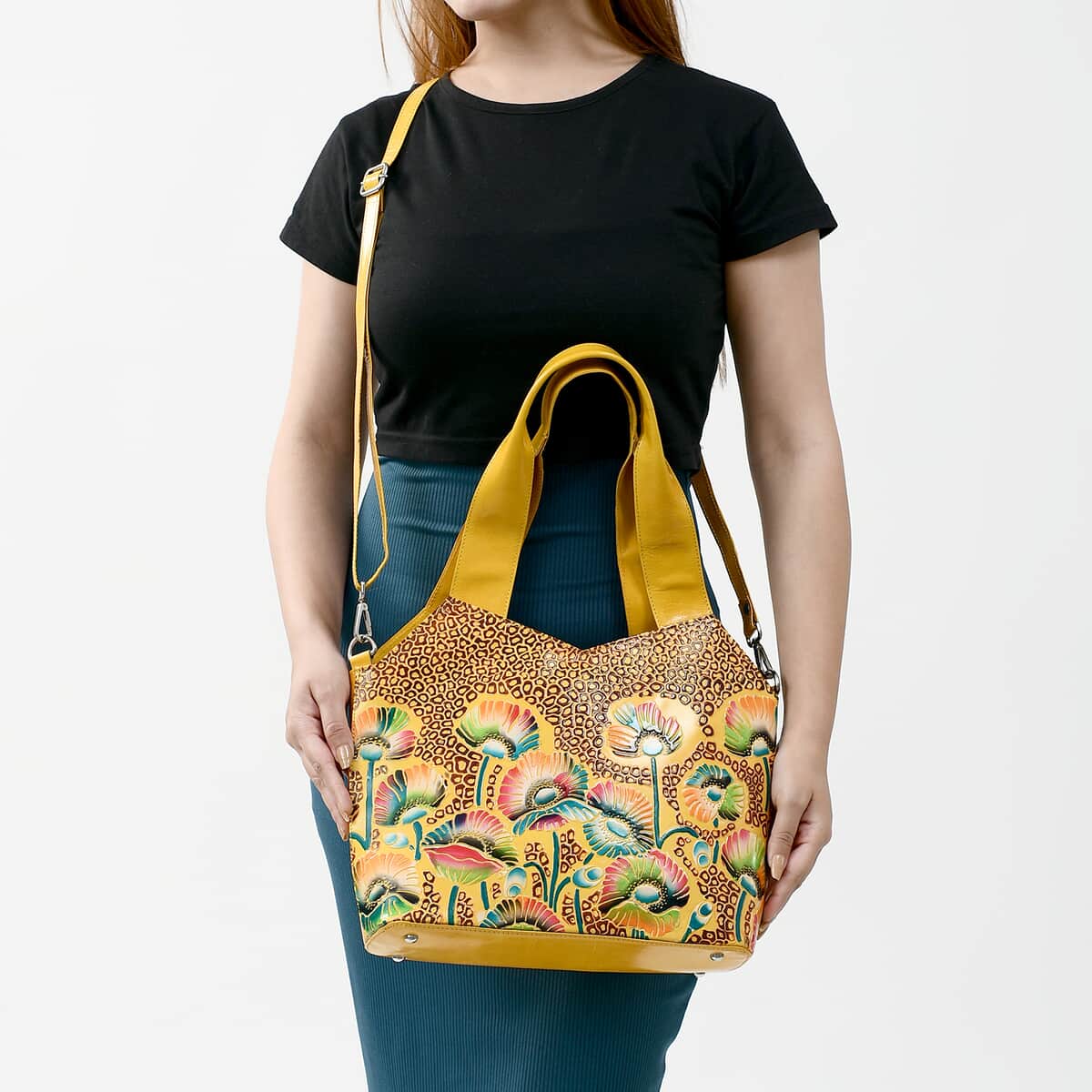 Vivid By SUKRITI Lemon Yellow 100% Genuine Leather Hand Painted Poppy Flower Shoulder Bag (13x4x9) with Detachable Strap image number 2