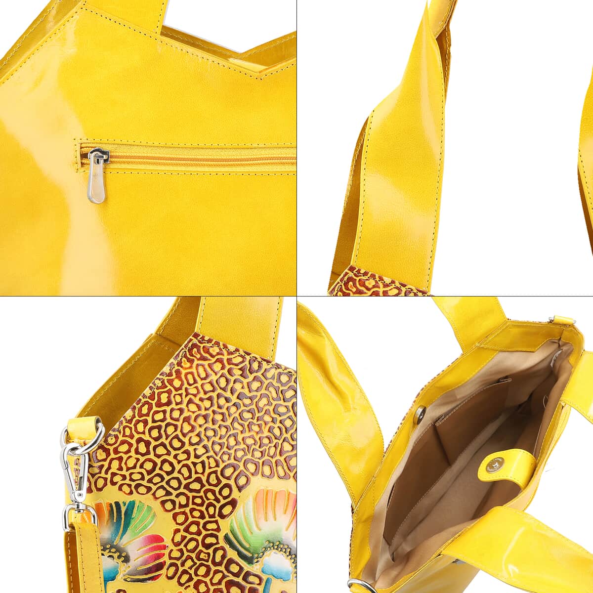 Vivid By SUKRITI Lemon Yellow 100% Genuine Leather Hand Painted Poppy Flower Shoulder Bag (13x4x9) with Detachable Strap image number 4