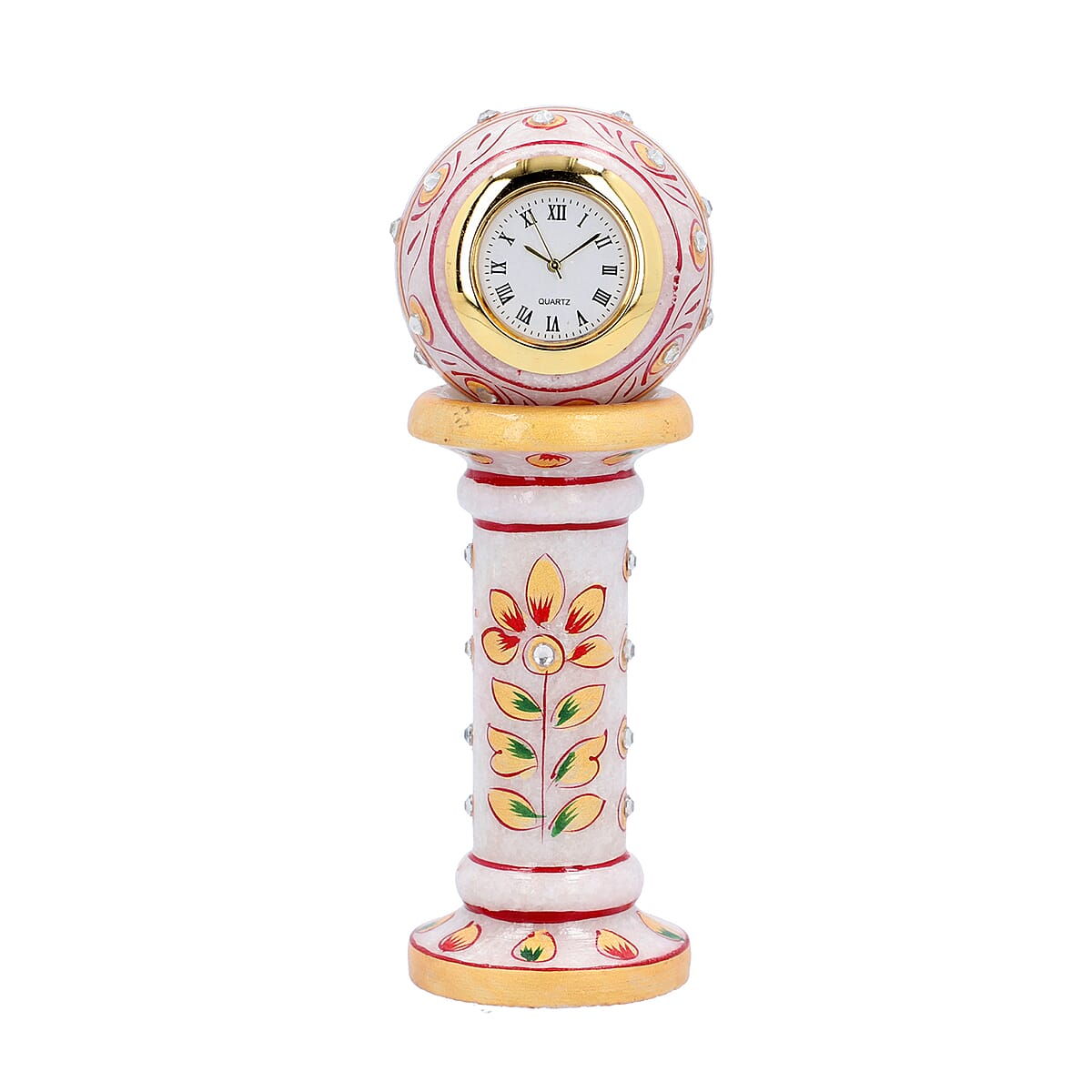 White & Red Handcrafted Little India Ethnic Design Marble Table Clock (2x6) image number 0