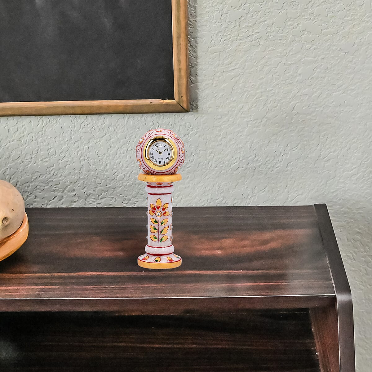 White & Red Handcrafted Little India Ethnic Design Marble Table Clock (2x6) image number 1