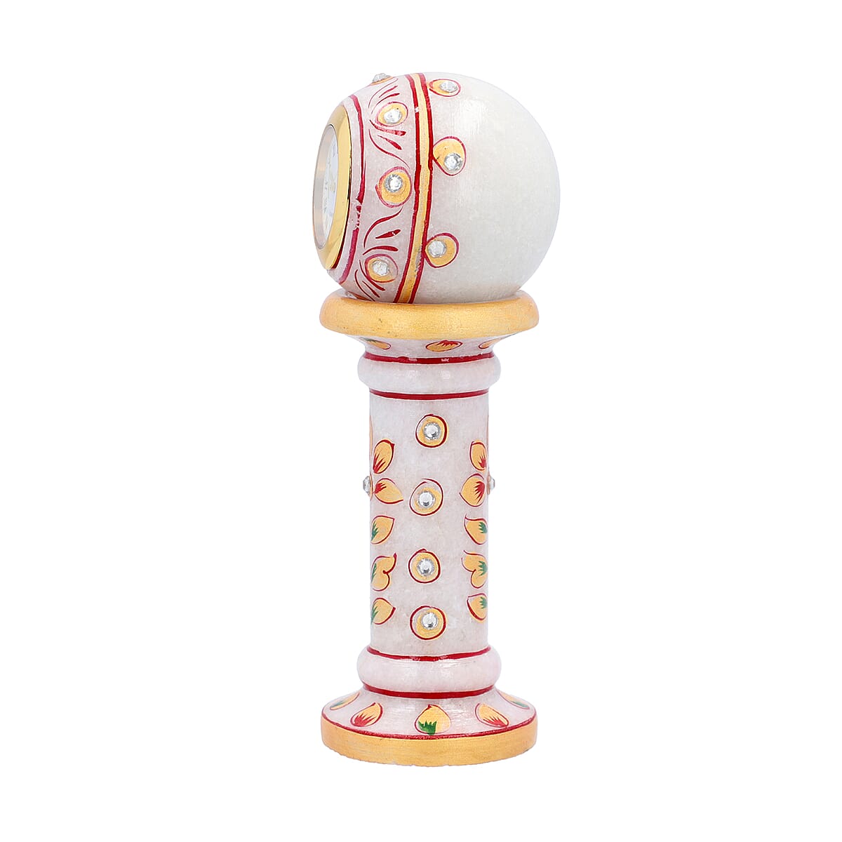 White & Red Handcrafted Little India Ethnic Design Marble Table Clock (2x6) image number 2