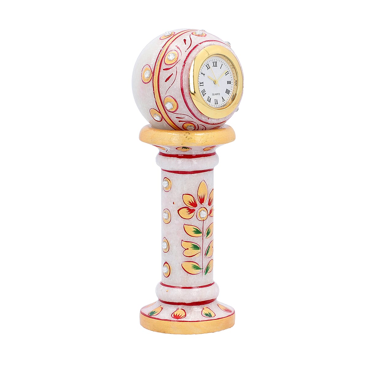 White & Red Handcrafted Little India Ethnic Design Marble Table Clock (2x6) image number 3