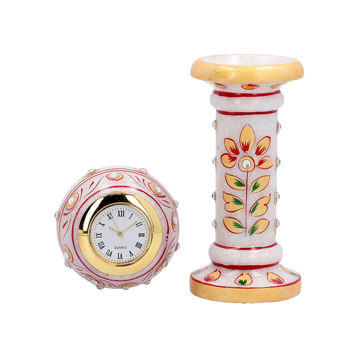 White & Red Handcrafted Little India Ethnic Design Marble Table Clock (2x6) image number 5