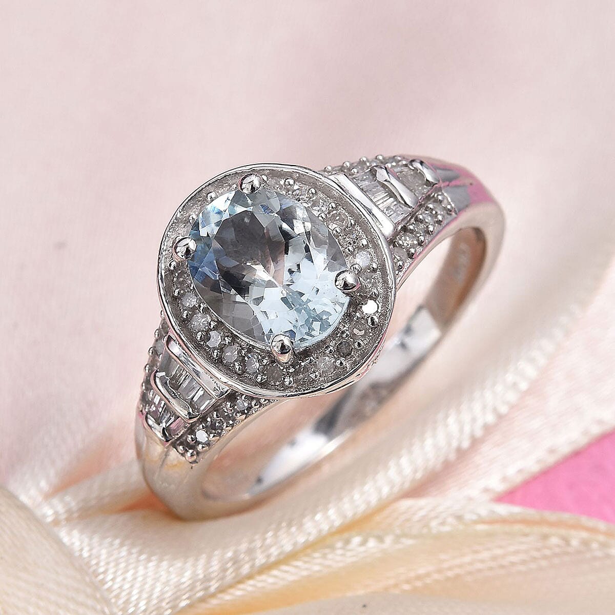 2.10 ctw Espirito Santo Aquamarine and Diamond Ring in Platinum Over Sterling Silver (Size 10)
