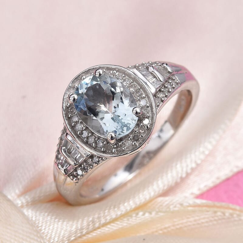 2.10 ctw Espirito Santo Aquamarine and Diamond Ring in Platinum Over Sterling Silver (Size 10)