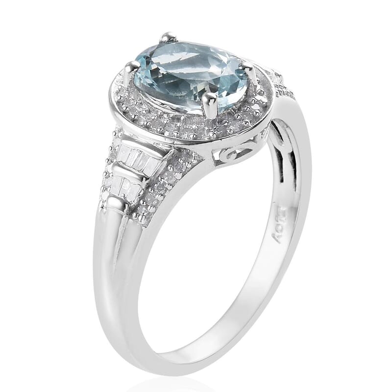 2.10 ctw Espirito Santo Aquamarine and Diamond Ring in Platinum Over Sterling Silver (Size 10)