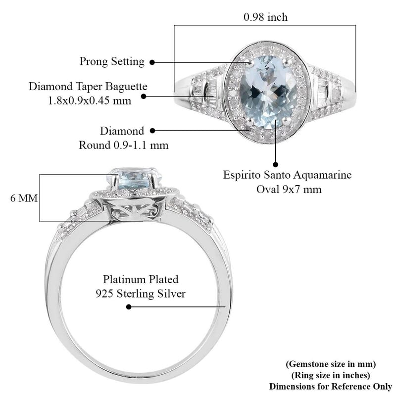 2.10 ctw Espirito Santo Aquamarine and Diamond Ring in Platinum Over Sterling Silver (Size 10)