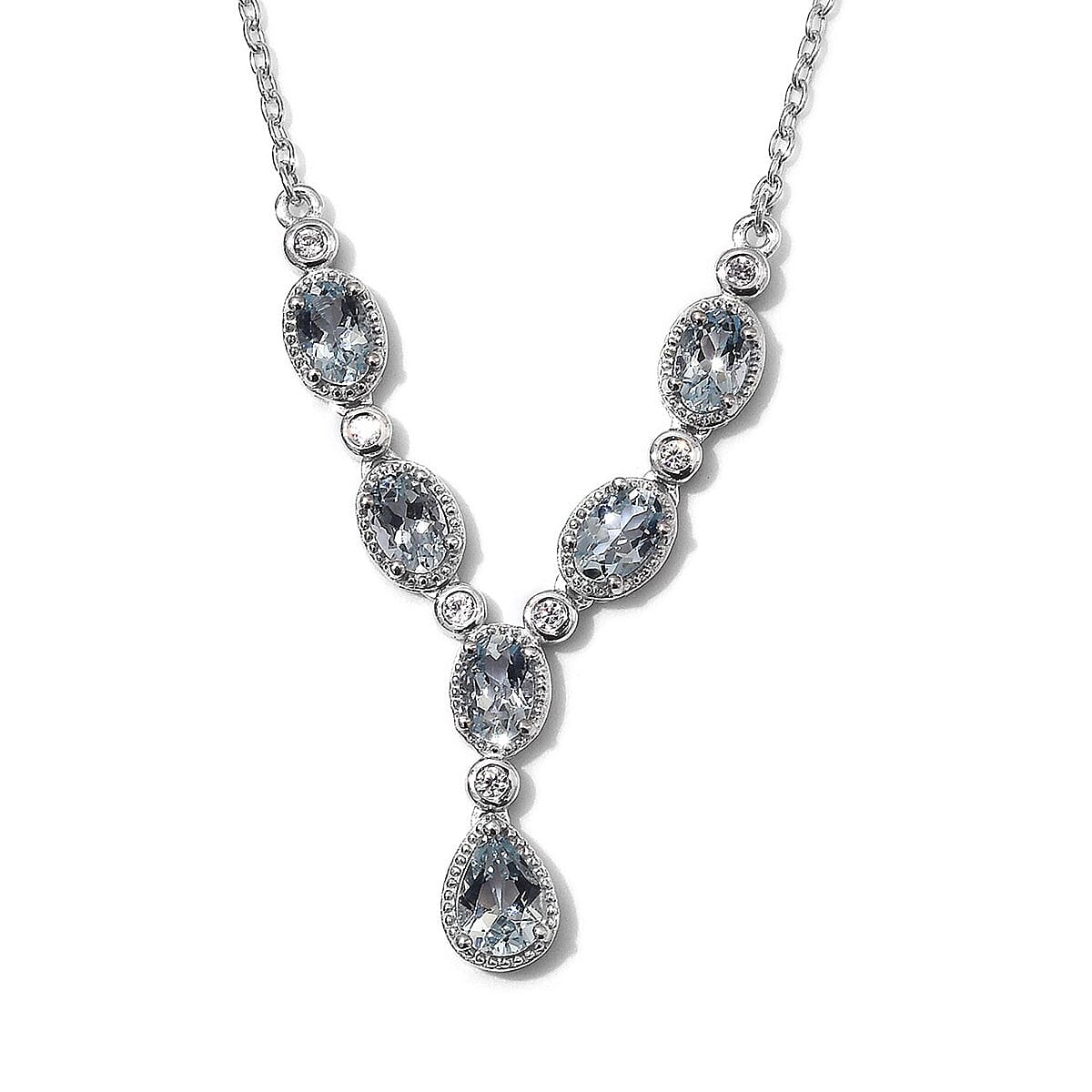 2.85 ctw Espirito Santo Aquamarine and Natural White Zircon Necklace 18-20 Inch in Platinum Over Sterling Silver