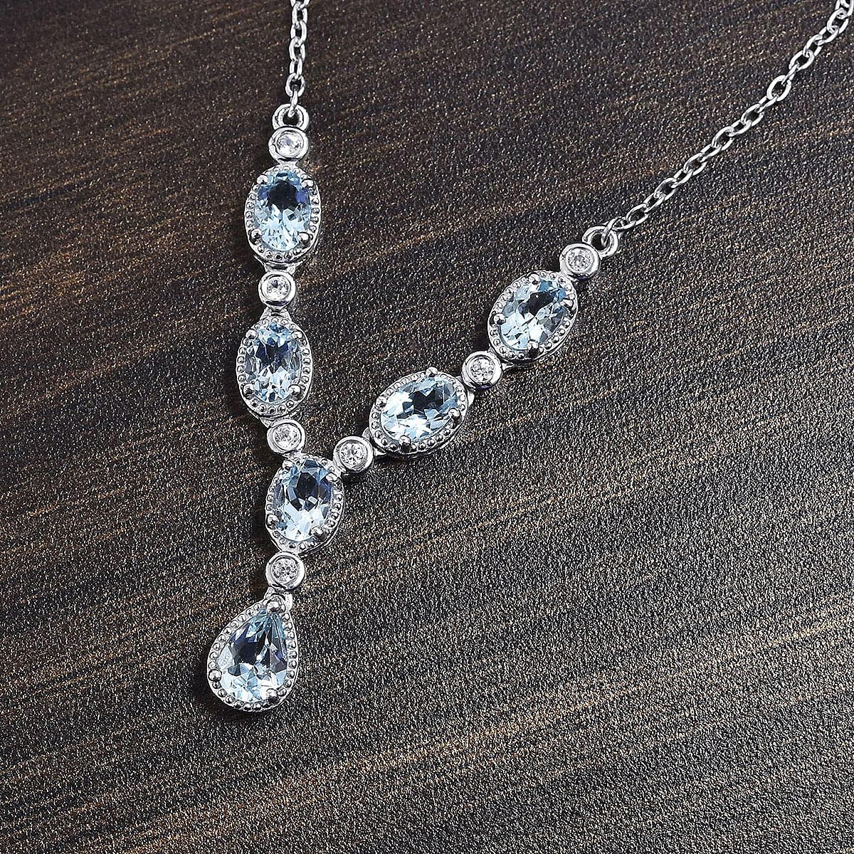 2.85 ctw Espirito Santo Aquamarine and Natural White Zircon Necklace 18-20 Inch in Platinum Over Sterling Silver