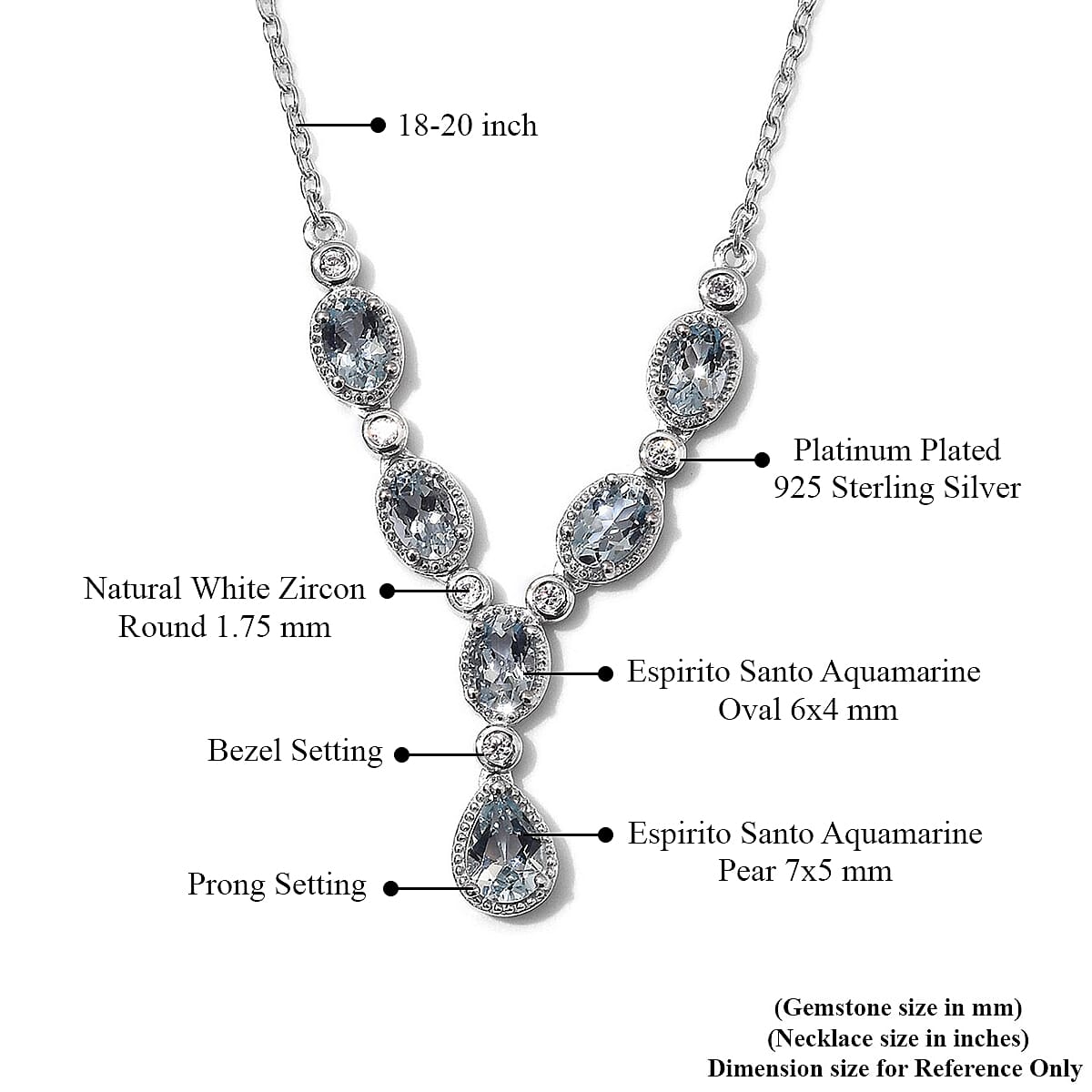 2.85 ctw Espirito Santo Aquamarine and Natural White Zircon Necklace 18-20 Inch in Platinum Over Sterling Silver