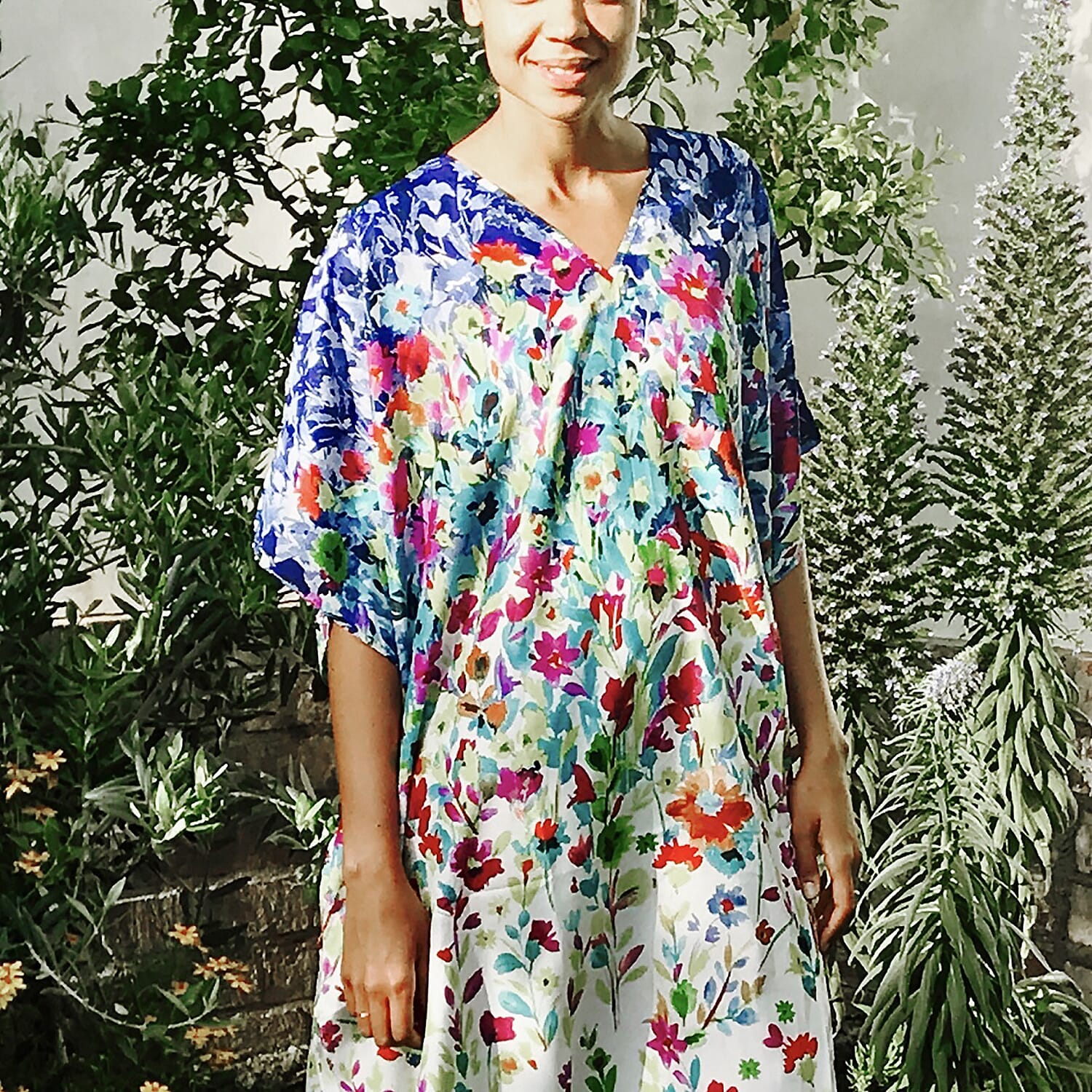 Winlar Multi Spring Floral V-Neck Short Kaftan - One Size Fits Most