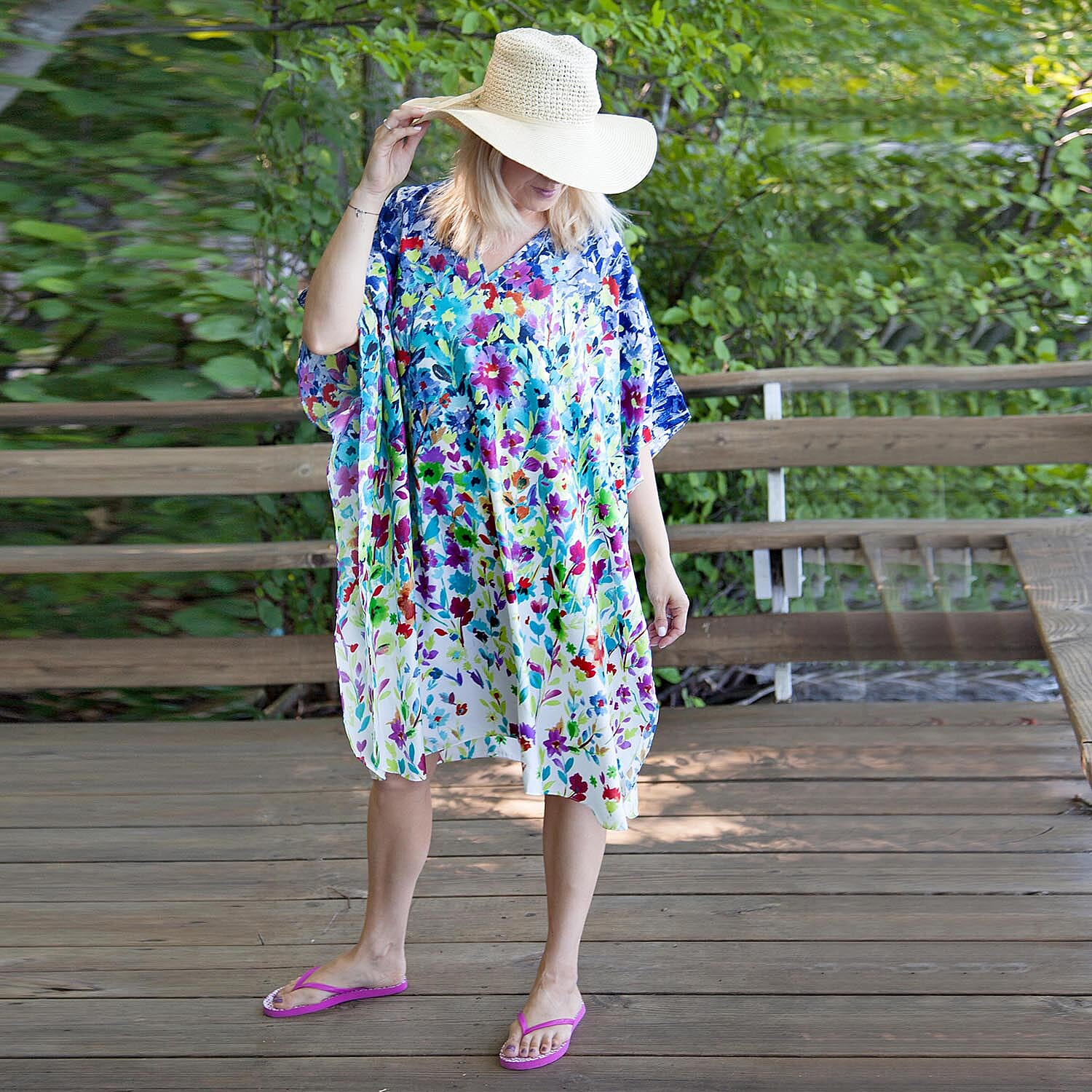Winlar Multi Spring Floral V-Neck Short Kaftan - One Size Fits Most