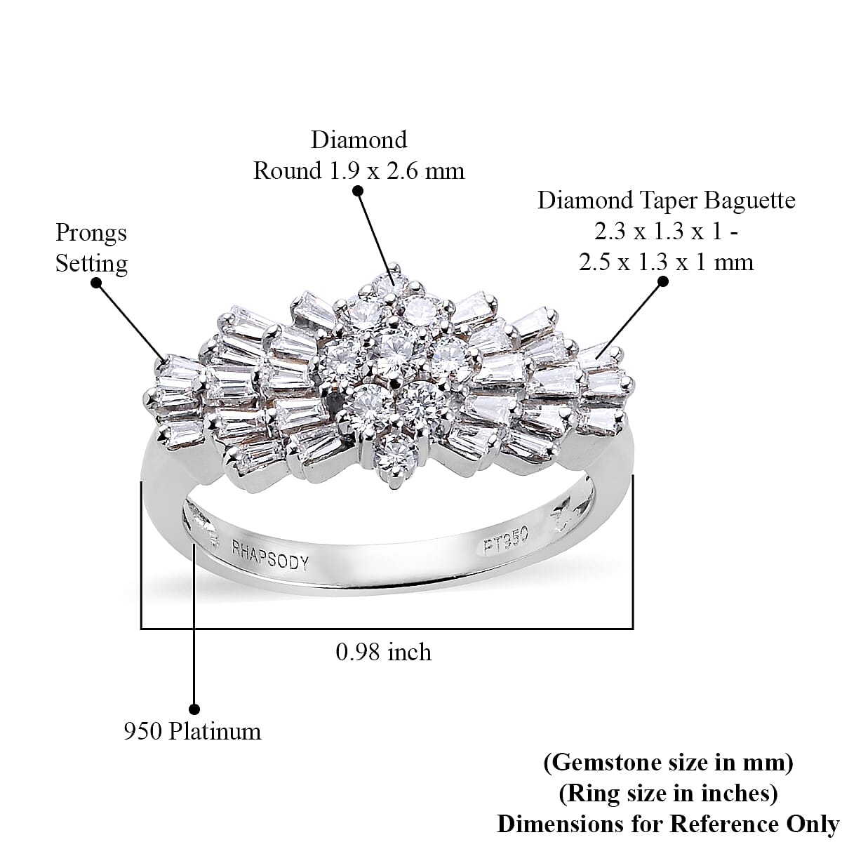 Rhapsody 950 Platinum Diamond E-F VS2 Cluster Ring (Size 5.0) 6.25 Grams 1.00 ctw image number 4