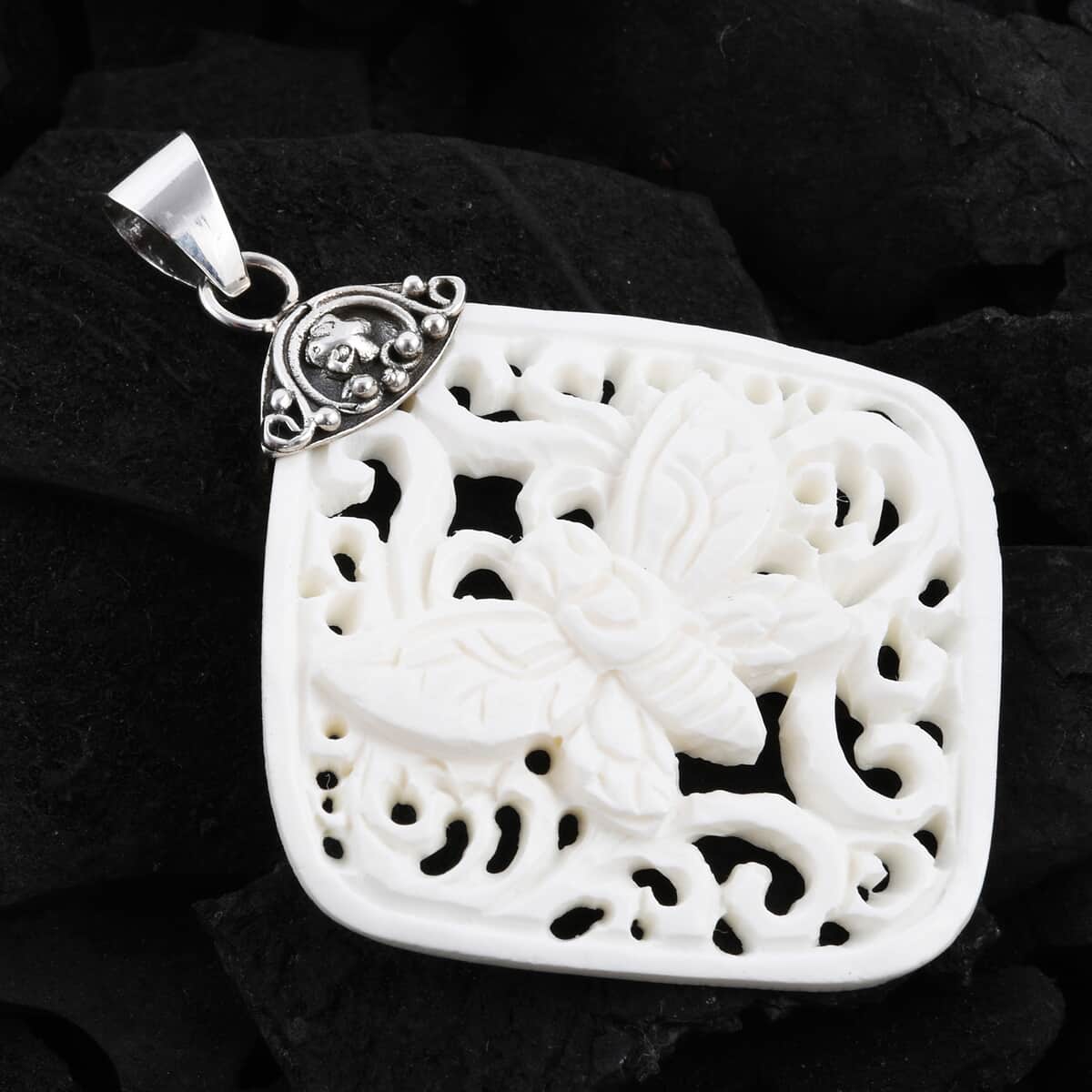 Carved Bone Butterfly Pendant in Sterling Silver image number 1