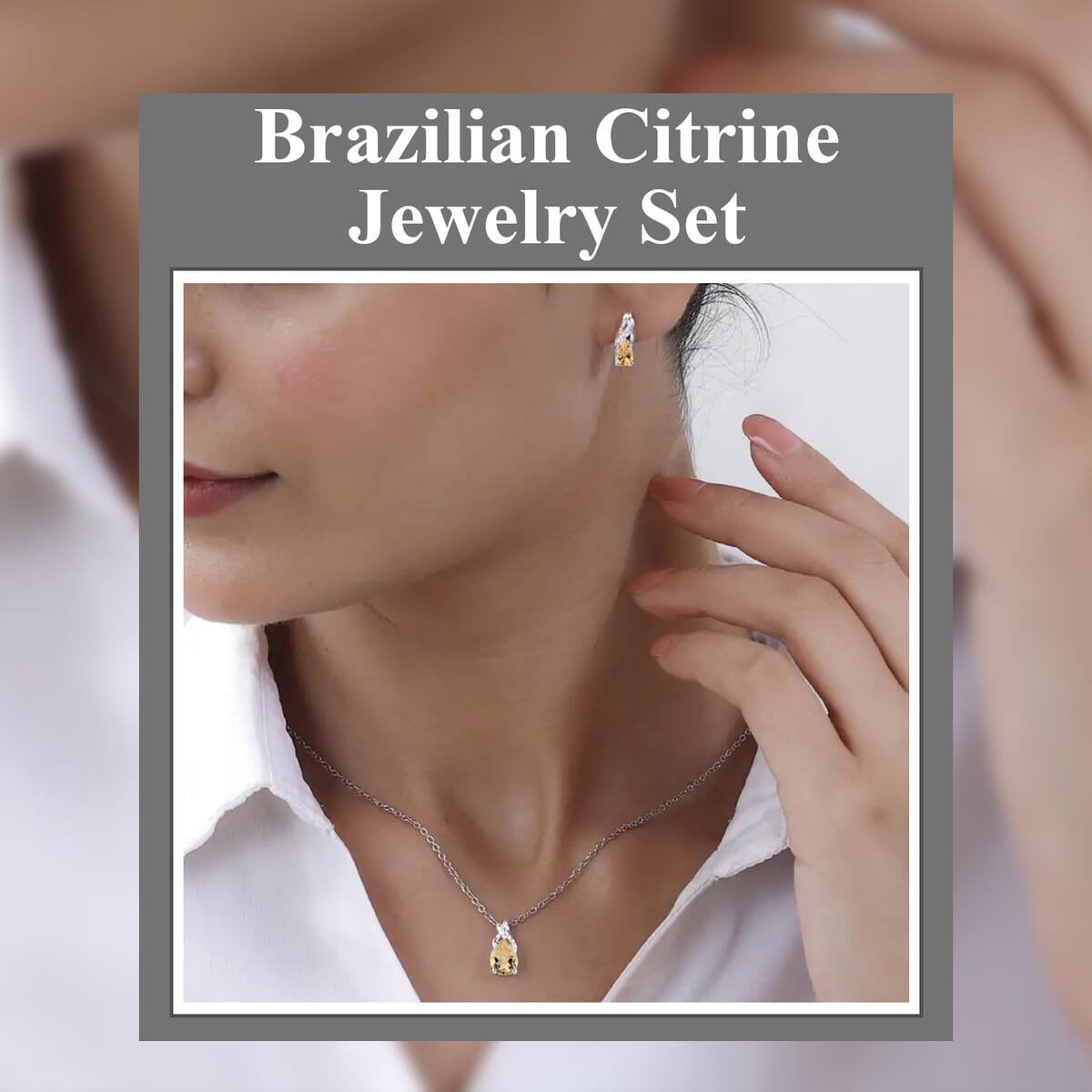 D'Joy Brazilian Citrine Earrings and Pendant Necklace Jewelry Set, Sterling Silver and Stainless Steel Jewelry Set, Set of Citrine Earrings and Citrine Pendant Necklace 1.80 ctw image number 1