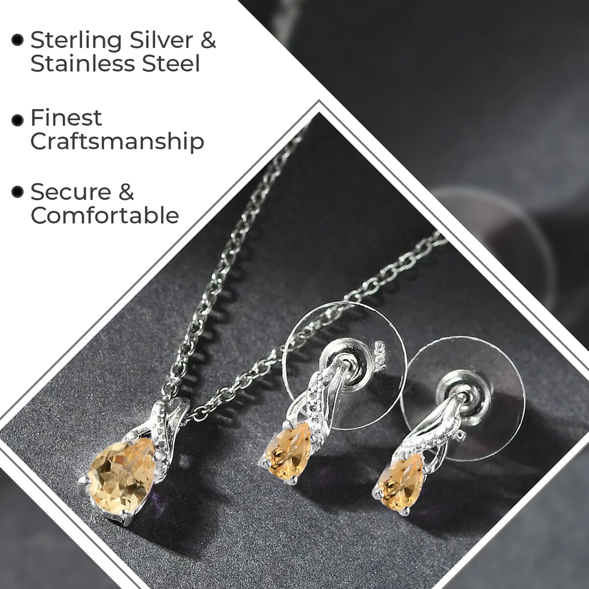 D'Joy Brazilian Citrine Earrings and Pendant Necklace Jewelry Set, Sterling Silver and Stainless Steel Jewelry Set, Set of Citrine Earrings and Citrine Pendant Necklace 1.80 ctw image number 2