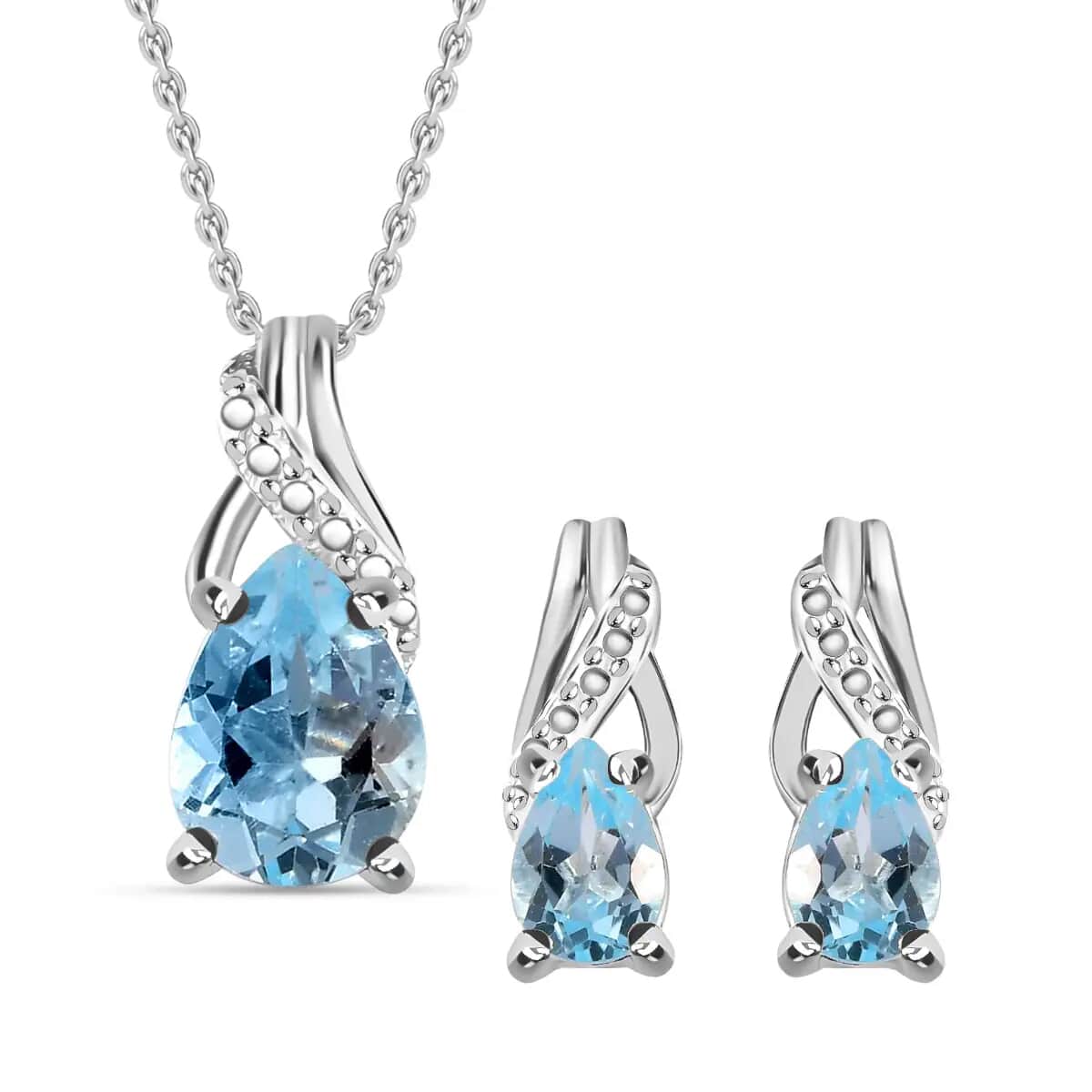 Sky Blue Topaz Earrings and Pendant Necklace Jewelry Set, Sterling Silver and Stainless Steel Jewelry Set, Set of Topaz Earrings and Topaz Pendant Necklace 1.10 ctw image number 0