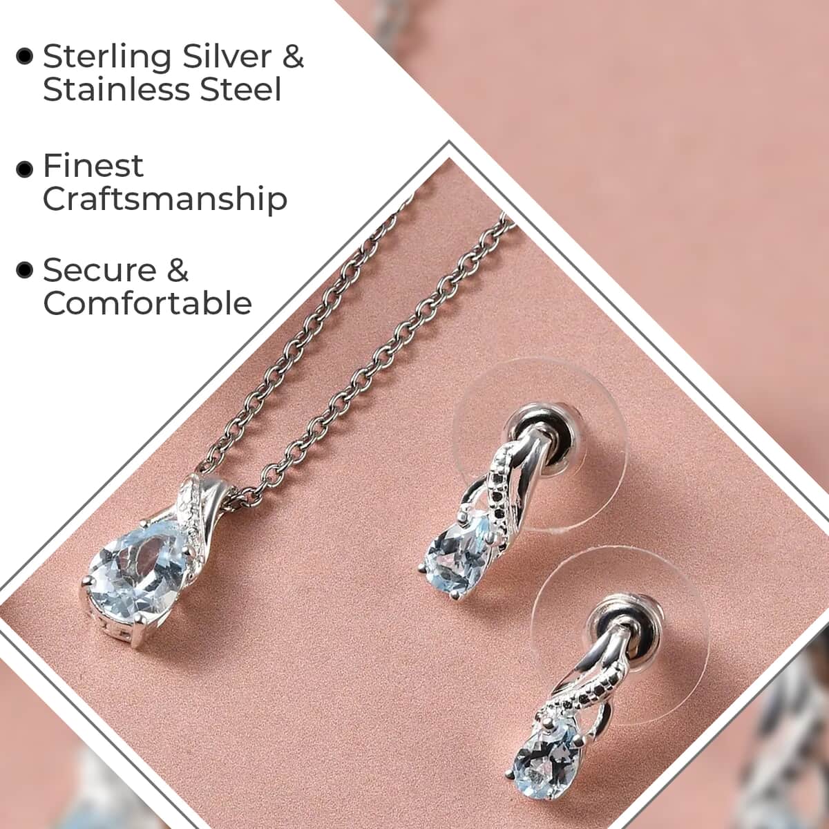 Sky Blue Topaz Earrings and Pendant Necklace Jewelry Set, Sterling Silver and Stainless Steel Jewelry Set, Set of Topaz Earrings and Topaz Pendant Necklace 1.10 ctw image number 2