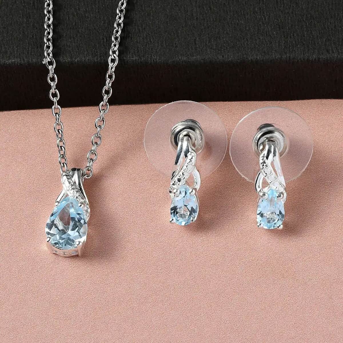 Sky Blue Topaz Earrings and Pendant Necklace Jewelry Set, Sterling Silver and Stainless Steel Jewelry Set, Set of Topaz Earrings and Topaz Pendant Necklace 1.10 ctw image number 3