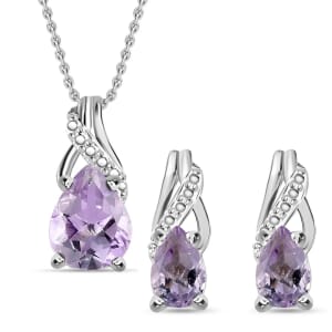 Rose De France Amethyst 1.65 ctw Earrings and Pendant Necklace Jewelry Set, Sterling Silver and Stainless Steel Jewelry Set, Set of Amethyst Earrings and Amethyst Pendant Necklace