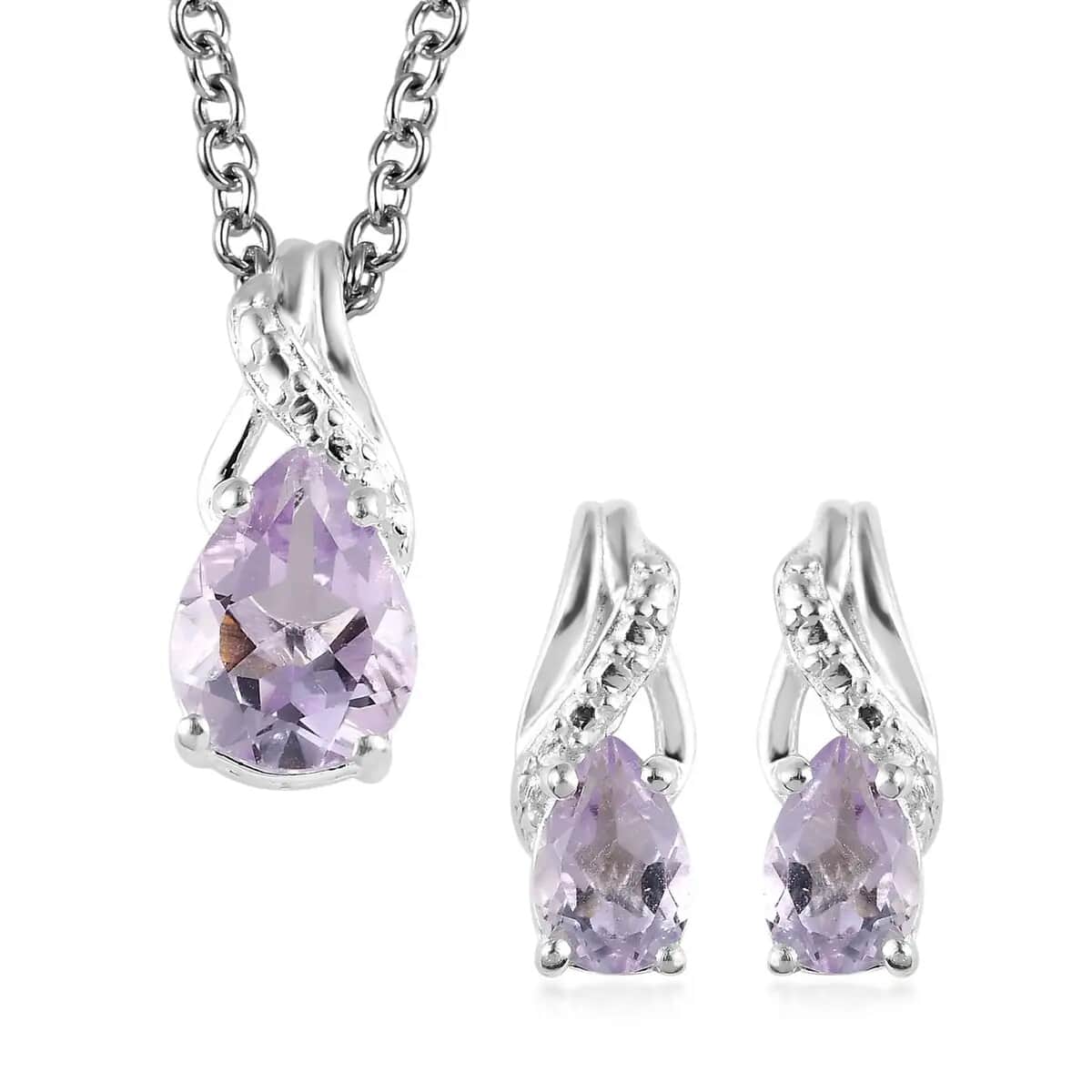 Rose De France Amethyst Earrings and Pendant Necklace Jewelry Set, Sterling Silver and Stainless Steel Jewelry Set, Set of Amethyst Earrings and Amethyst Pendant Necklace 1.65 ctw image number 0