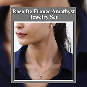 D'Joy Rose De France Amethyst 1.65 ctw Earrings and Pendant Necklace Jewelry Set, Sterling Silver and Stainless Steel Jewelry Set, Set of Amethyst Earrings and Amethyst Pendant Necklace