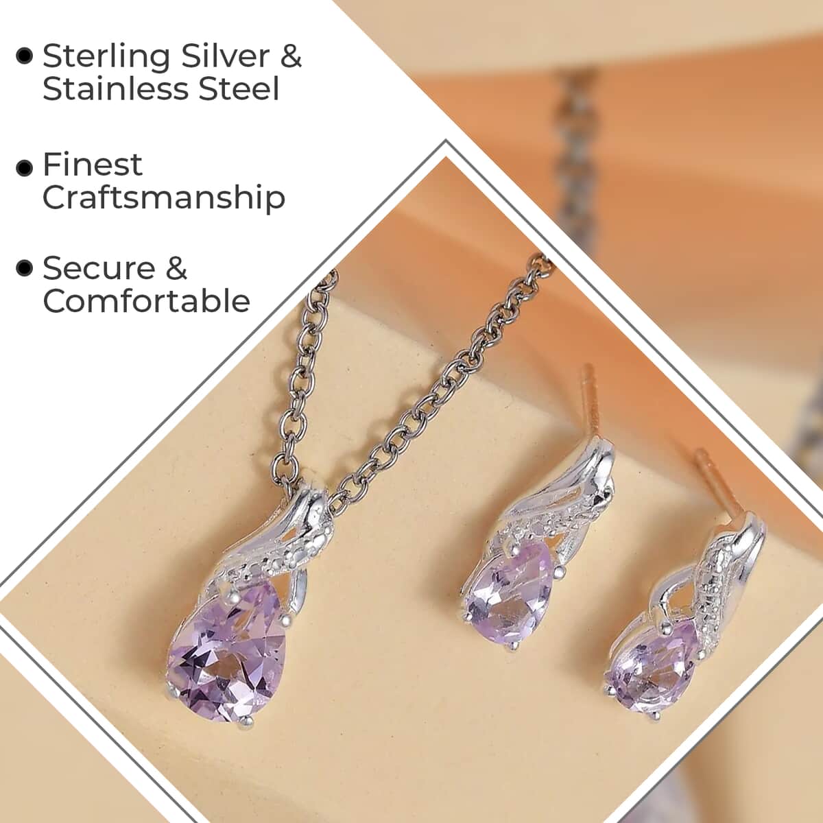 Rose De France Amethyst Earrings and Pendant Necklace Jewelry Set, Sterling Silver and Stainless Steel Jewelry Set, Set of Amethyst Earrings and Amethyst Pendant Necklace 1.65 ctw image number 2