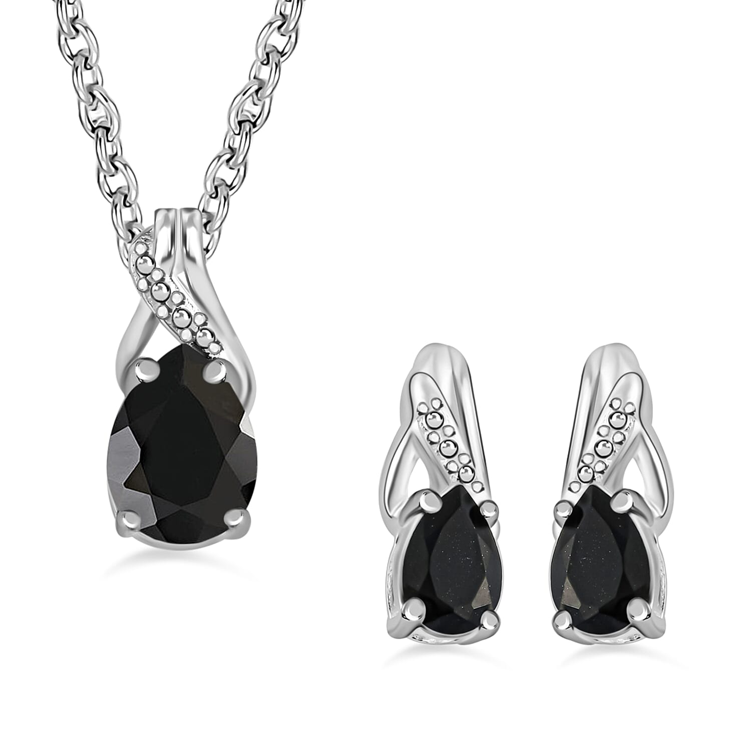Australian Black Tourmaline 2.00 ctw Solitaire Earrings and Pendant in Sterling Silver with Stainless Steel Necklace 20 Inches