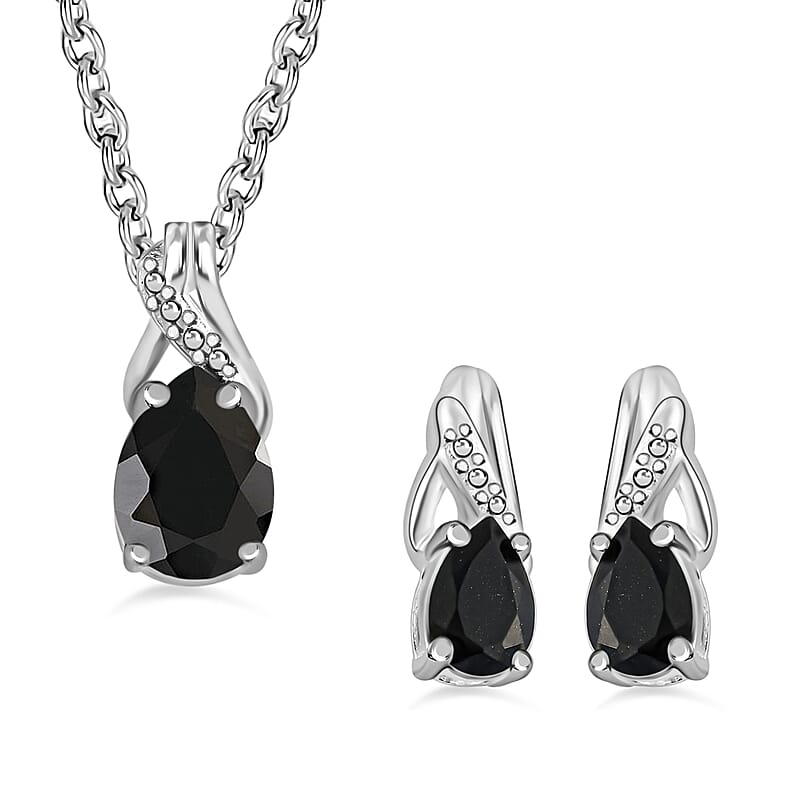 Australian Black Tourmaline 2.00 ctw Solitaire Earrings and Pendant in Sterling Silver with Stainless Steel Necklace 20 Inches