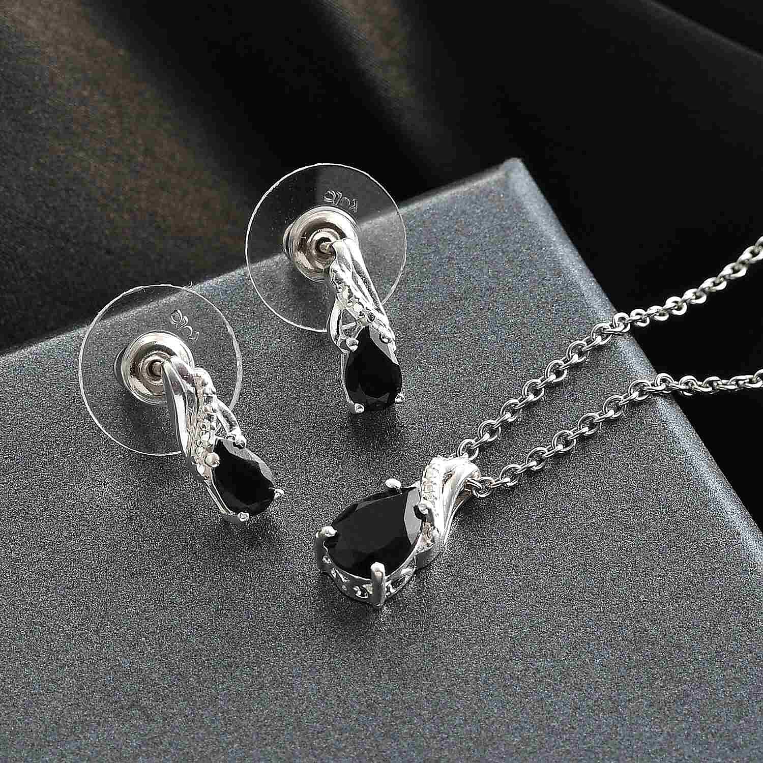 Australian Black Tourmaline 2.00 ctw Solitaire Earrings and Pendant in Sterling Silver with Stainless Steel Necklace 20 Inches