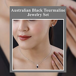 Australian Black Tourmaline 1.85 ctw Earrings and Pendant Necklace Jewelry Set, Sterling Silver and Stainless Steel Jewelry Set, Set of Tourmaline Earrings and Tourmaline Pendant Necklace