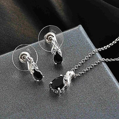 Australian Black Tourmaline 2.00 ctw Solitaire Earrings and Pendant in Sterling Silver with Stainless Steel Necklace 20 Inches