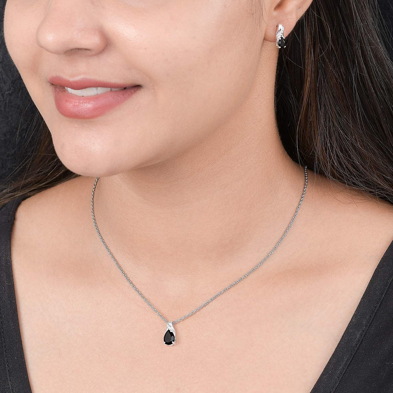 Australian Black Tourmaline 2.00 ctw Solitaire Earrings and Pendant in Sterling Silver with Stainless Steel Necklace 20 Inches