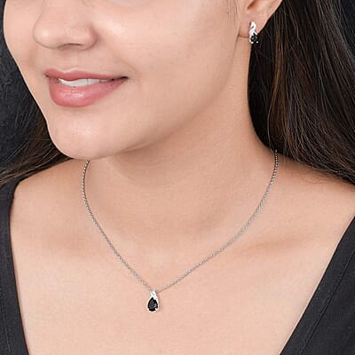 Australian Black Tourmaline 2.00 ctw Solitaire Earrings and Pendant in Sterling Silver with Stainless Steel Necklace 20 Inches