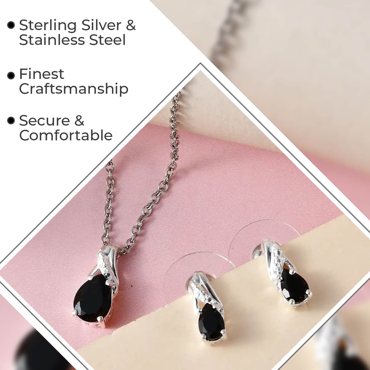 Australian Black Tourmaline Earrings and Pendant Necklace Jewelry Set, Sterling Silver and Stainless Steel Jewelry Set, Set of Tourmaline Earrings and Tourmaline Pendant Necklace 1.85 ctw image number 2