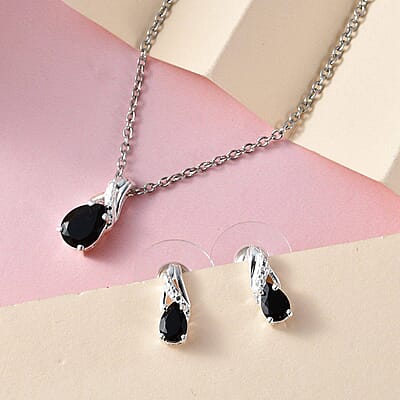 Australian Black Tourmaline 2.00 ctw Solitaire Earrings and Pendant in Sterling Silver with Stainless Steel Necklace 20 Inches